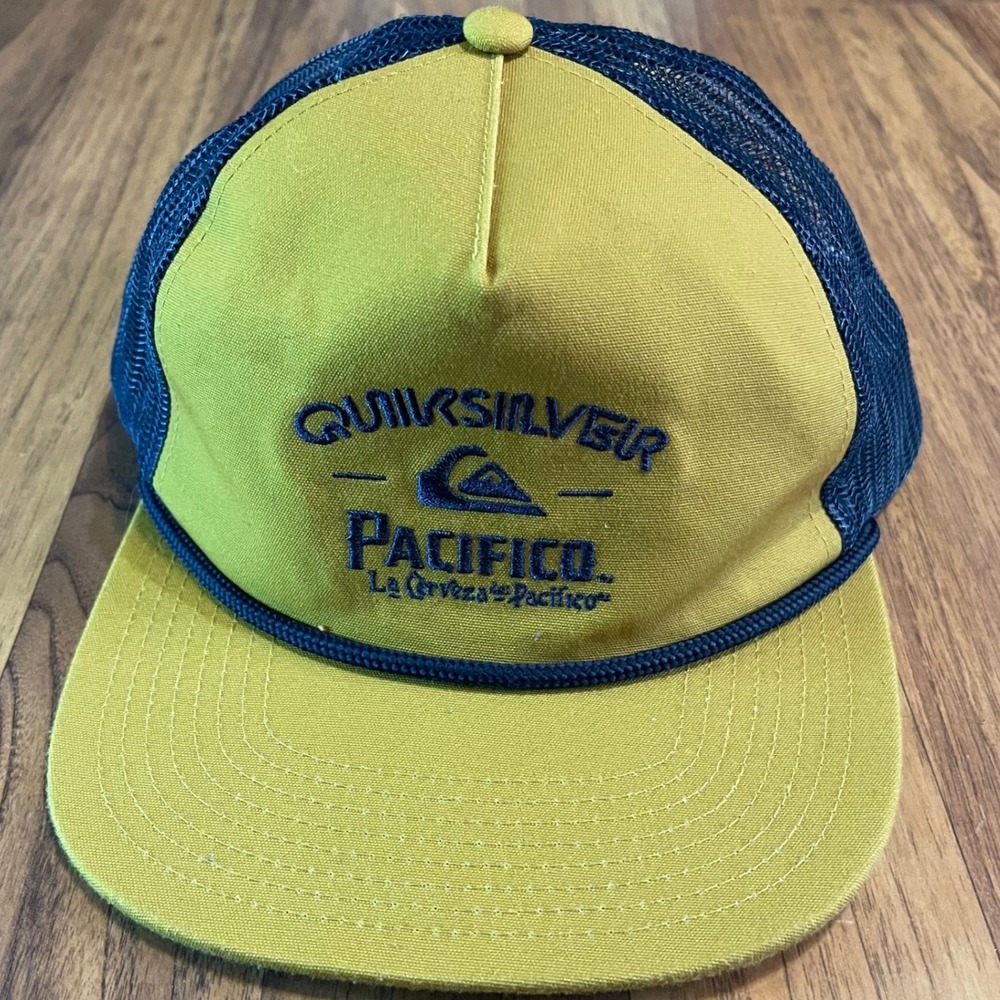 Quiksilver Pacifico Beer Trucker Hat Mens OSFM Mesh Snapback Yellow Navy Blue
